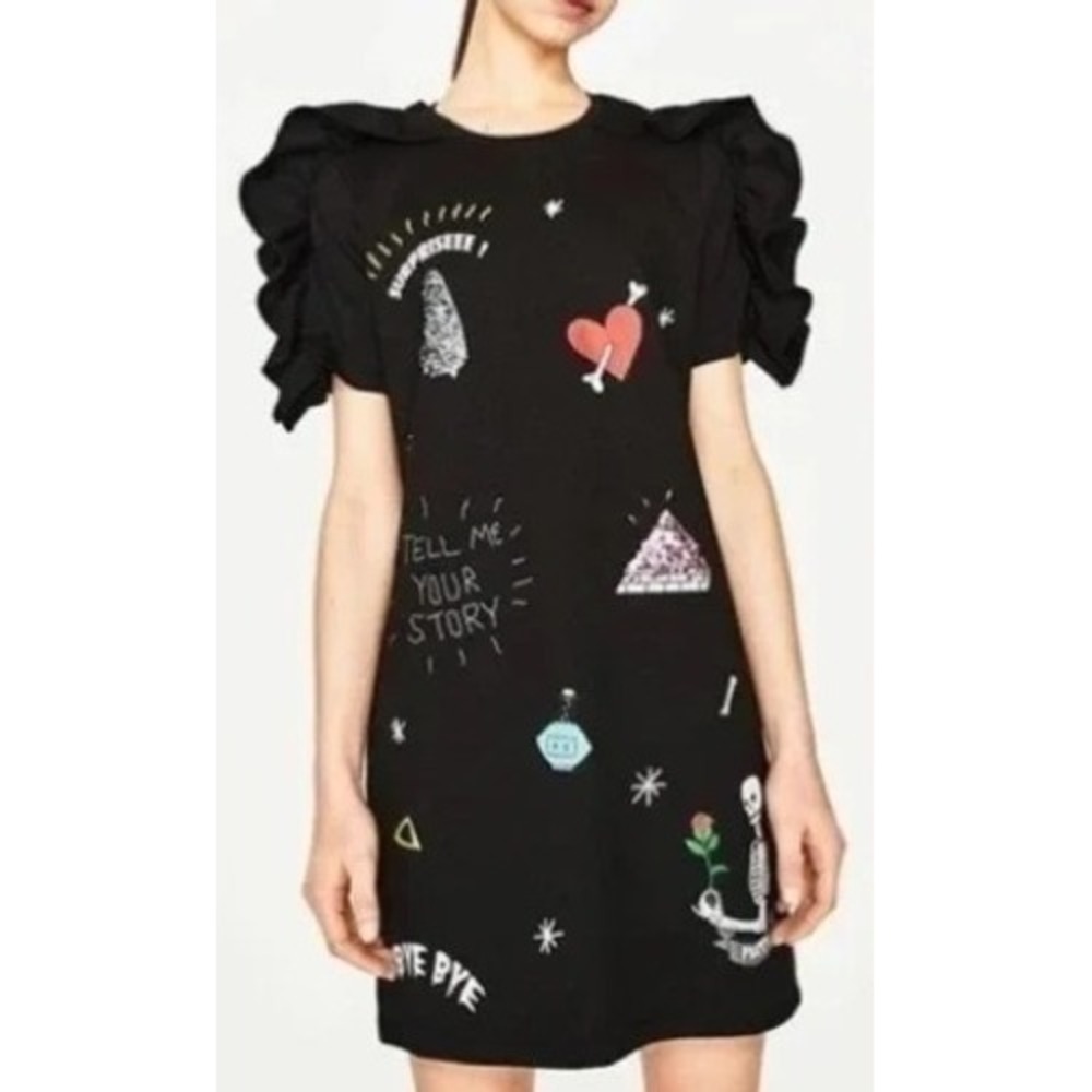 Zara Mini Dress Size S Black Ruffle Sequin Skeleton‎ Spooky-Core Goth Punk Y2K